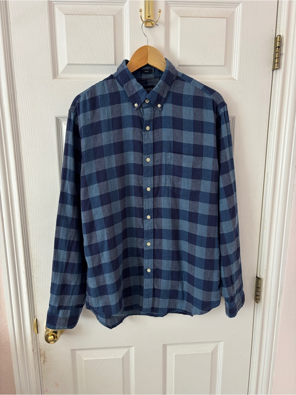J.Crew Slim Fit Blue Buffalo Plaid Linen Blend Button Down Shirt Men’s L